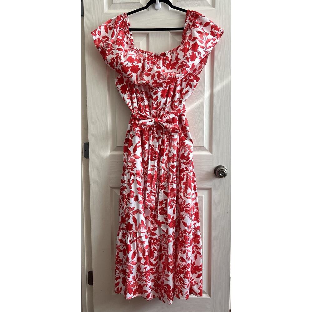 LANE BRYANT Red Floral Ruffle Off Shoulder Tie Waist Tiered Midi Dress Sz 26/28